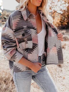 Boutique Pink Gray Southwestern Aztec Distressed Shacket Jacket M